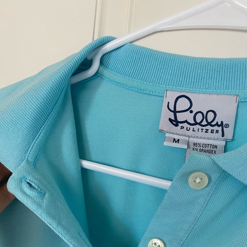 Lilly Pulitzer Vintage Cotton Aqua Blue Golf Polo Shirt with Palm Tree Logo - Picture 3 of 5